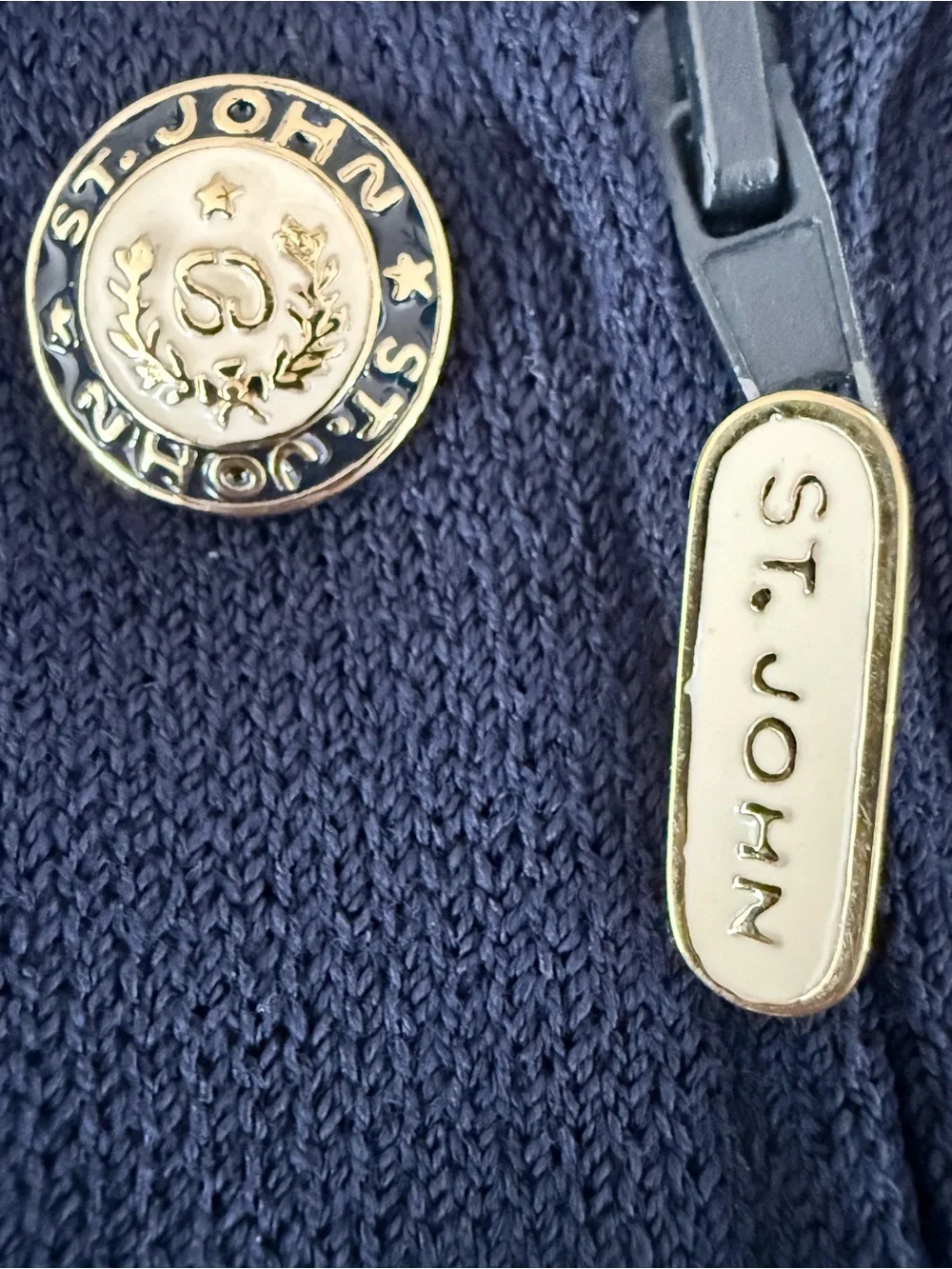 St. John Marie Gray Santana Knit Jacket Navy Embroidered Collar Gold Buttons S - Picture 10 of 12
